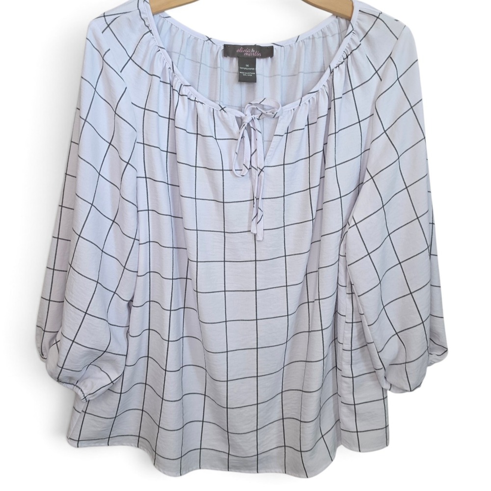 Olivia & Martin Blouse Womens 1X White Grid Plaid Tie Neck Balloon Sleeve Top